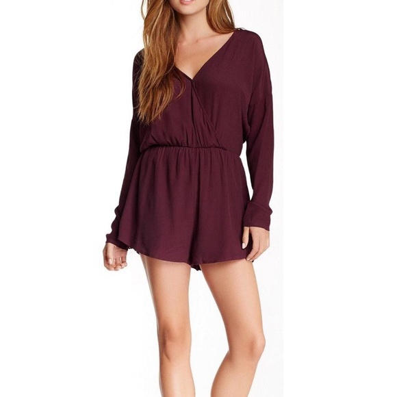 ASTR Burgundy Silk Plunge Romper - Picture 1 of 8